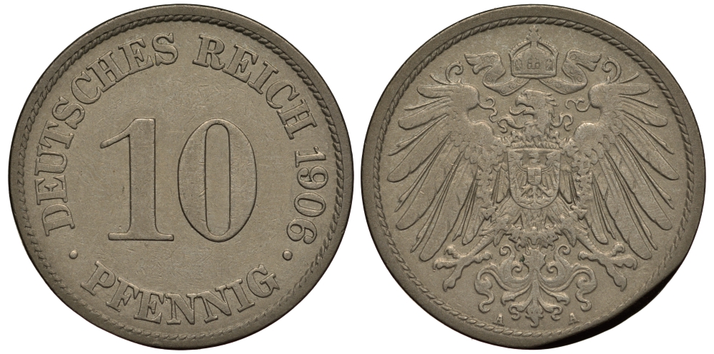 ГЕРМАНИЯ 10 ПФЕННИГОВ 1906 A БРАК ЗАГОТОВКИ KM 12, J. 13 медно-никель 650-1725