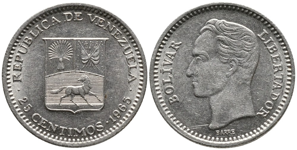 Венесуэла 25 сентимо 1965 Симон Боливар KM 40 никель 4532-265