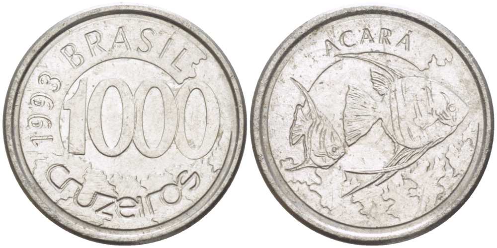 Бразилия 1000 крузейро 1993 реформа 1990-1993, рыбка Акара KM 626 нержавеющая сталь 26-945