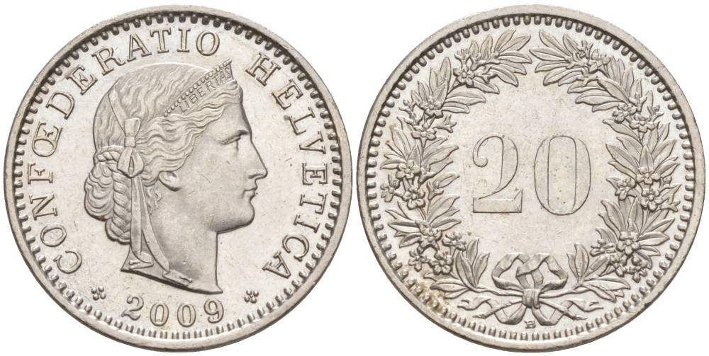 ШВЕЙЦАРИЯ 20 РАППЕНОВ 2009 В KM 29a медно-никель 55-1051