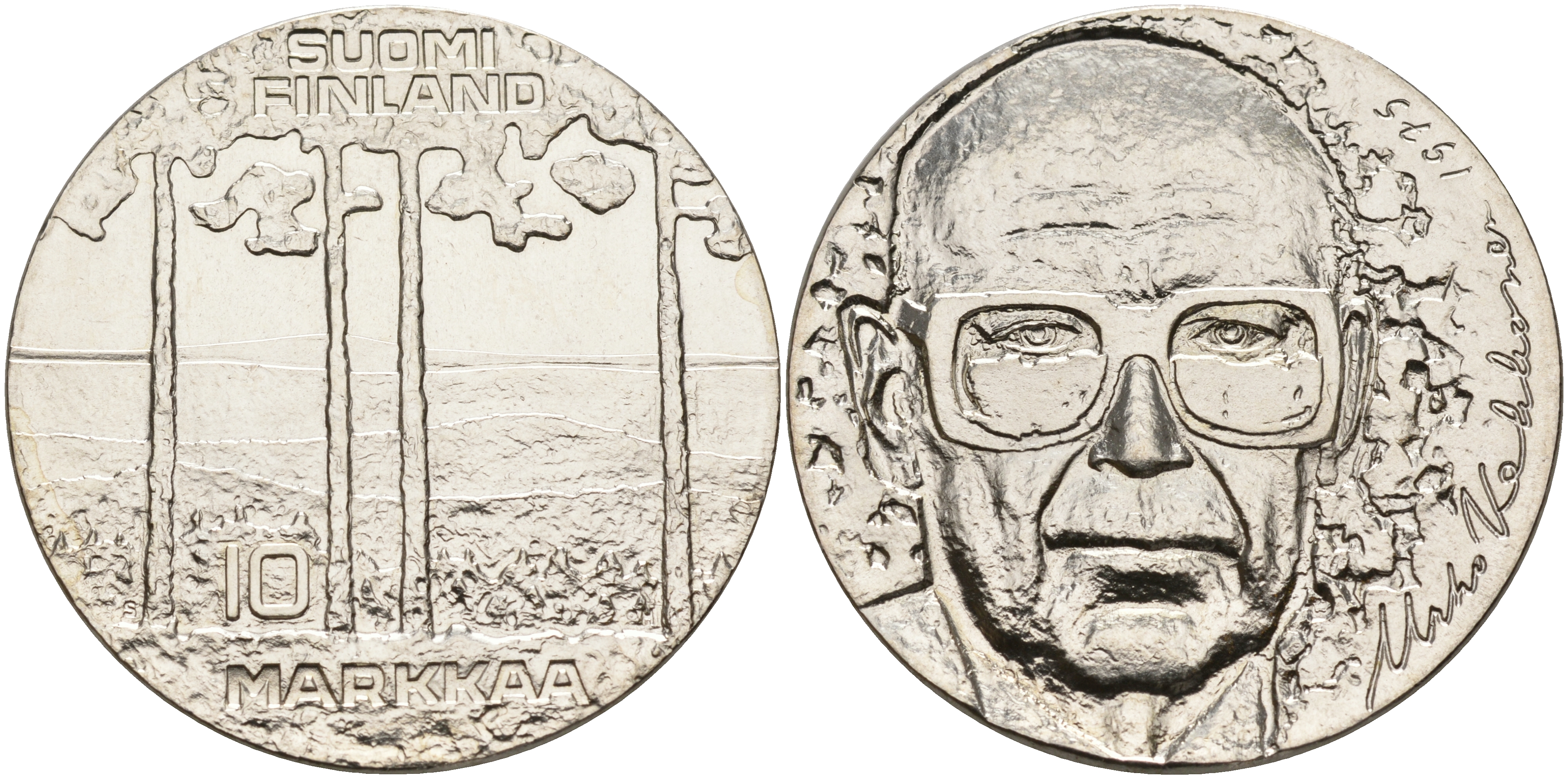 Финляндия 10 марок 1975 S-H, 75 лет президенту Урхо Кекконену KM 54 серебро UNC 1525-1323