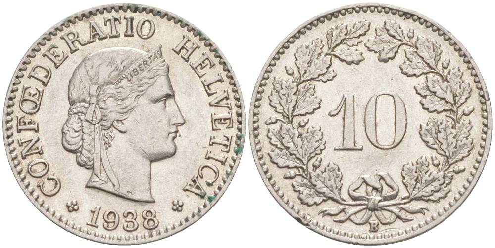 ШВЕЙЦАРИЯ 10 РАППЕНОВ 1938 В KM 27b никель 201-235