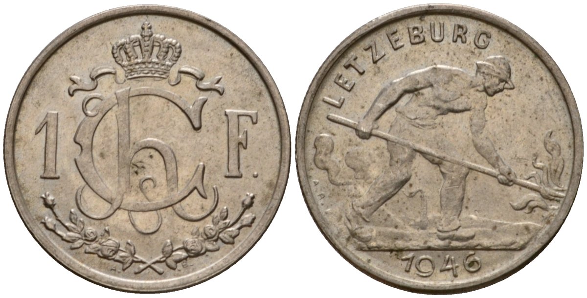 Люксембург 1 франк 1946 Шарлотта (1918-1964), сталевар KM 46.1 медно-никель 4603-1057