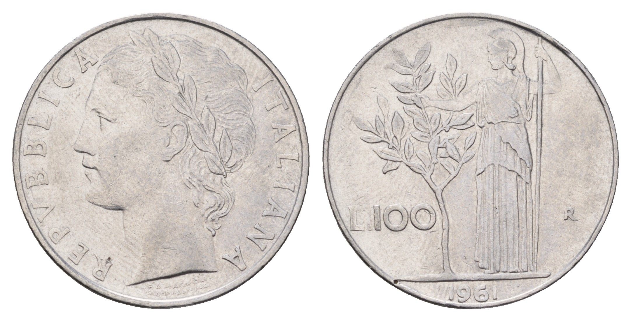 Италия 100 лир 1961 R, Афина в доспехах KM 96.1 нержавеющая сталь 4638-544