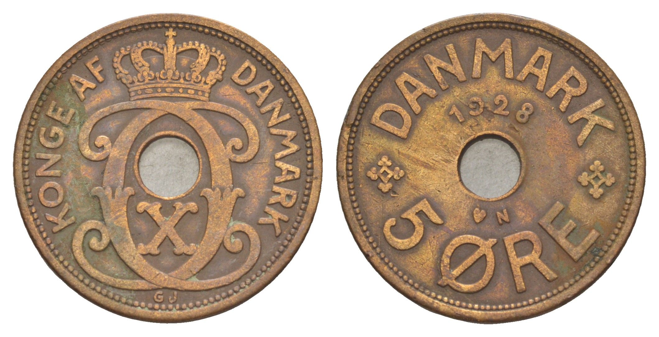 Дания 5 эре 1928 N, Кристиан X (1912-1947) KM 828 бронза 4638-623