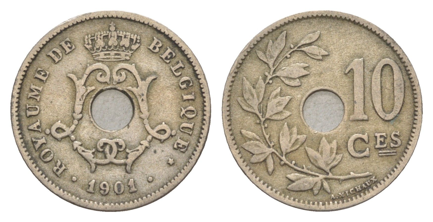 Бельгия 10 сантимов 1901 Belgique, Леопольд I (1865-1909) KM 48 медно-никель 4615-924