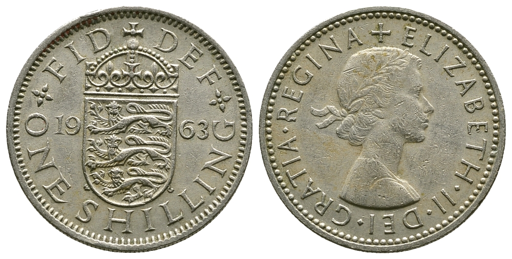 Великобритания 1 шиллинг 1963 Елизавета II (1952-2022), Английский герб KM 904, Spink 4147 медно-никель 4384-514