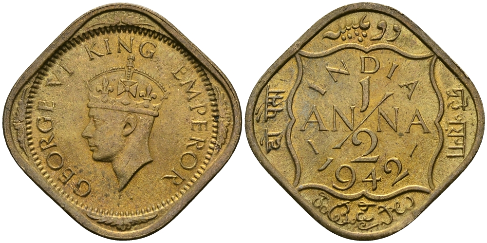 Британская Индия 1/2 анна 1942 Георг VI (1936-1952) KM 534b никель-латунь UNC 94-851