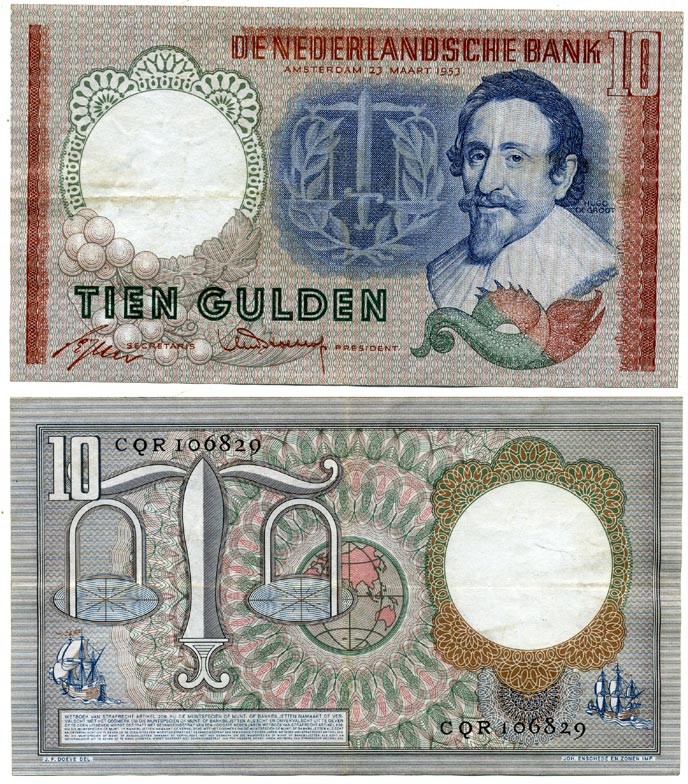 НИДЕРЛАНДЫ 10 ГУЛЬДЕНОВ 1953 АМСТЕРДАМ, 23 МАРТА 1953, ГУГО ГРОЦИЙ Pick 85 бумага 7116-4-1