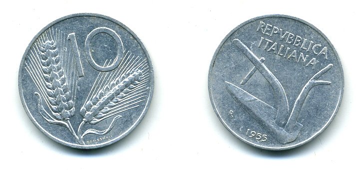 ИТАЛИЯ 10 ЛИР 1955 R, КОЛОСЬЯ, ПЛУГ KM 93 алюминий 25-924