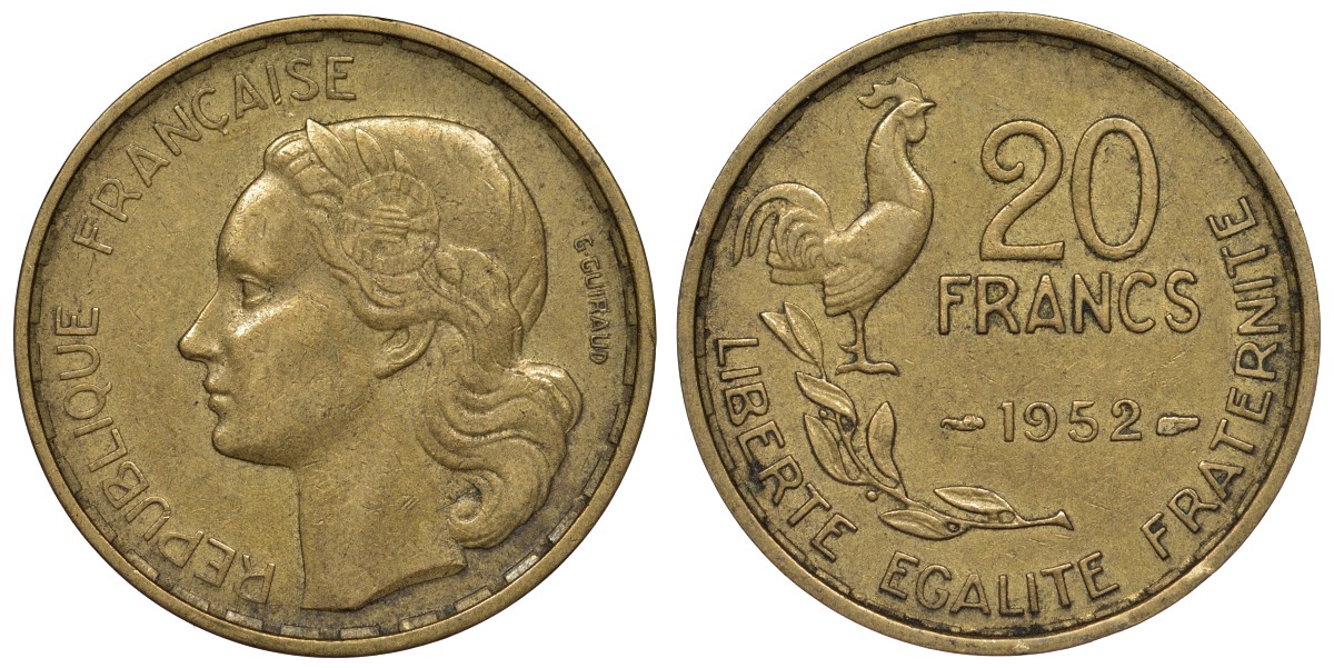 Франция 20 франков 1952 петух, 4 пера KM 917.1, Le Franc 402.9 алюминиевая бронза 4128-536