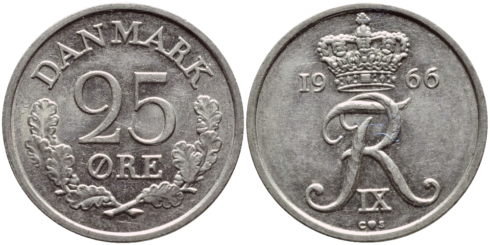 ДАНИЯ 25 ЭРЕ 1966 С; S, ФРЕДЕРИК IX (1947-1972) KM 850 медно-никель 4398-951