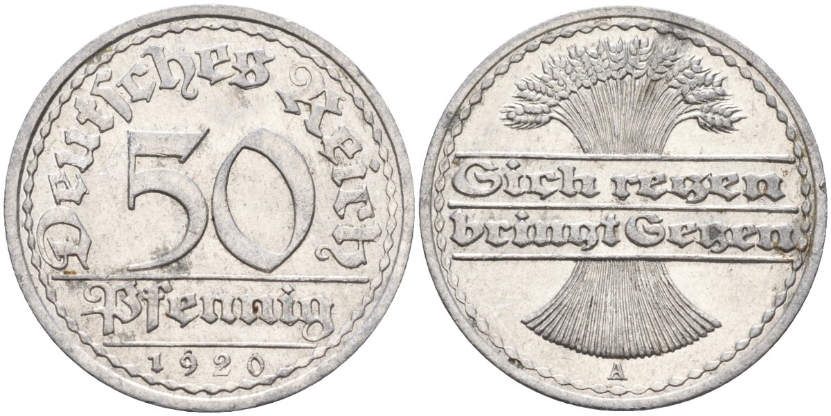 Германия 50 пфеннигов 1920 A KM 27, J.301, Weege 10 алюминий aUNC 4584-726