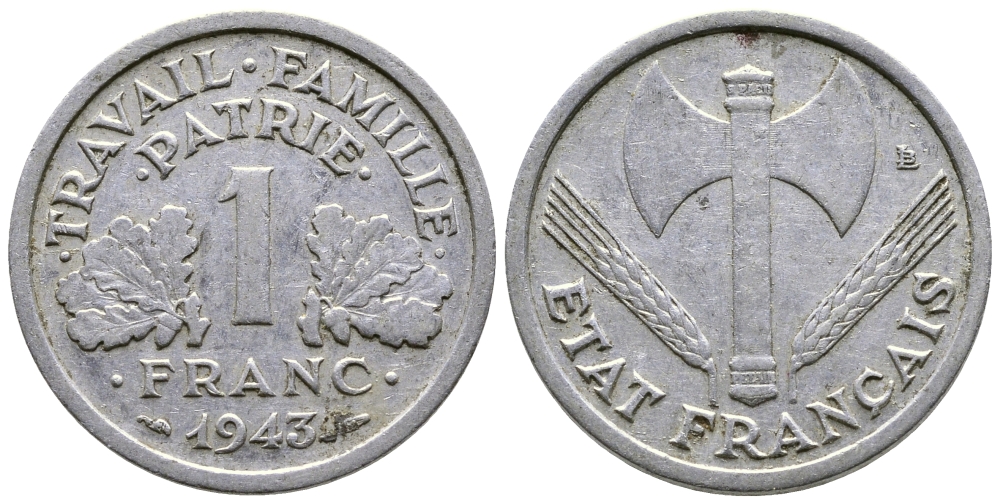 ФРАНЦИЯ 1 ФРАНК 1943 LB, ТИП LEGERE, ПРАВИТЕЛЬСТВО ВИШИ KM 902.1, LE FRANC 223.3 алюминий 80-1012