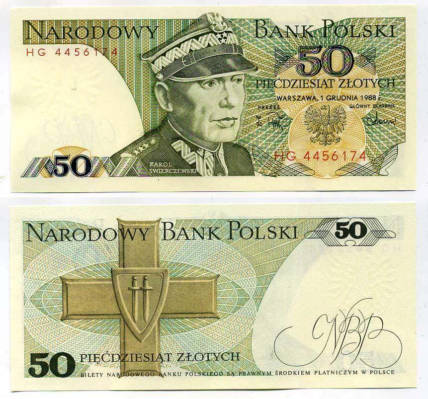 Польша 50 злотых 1988 Кароль Сверчевский, знак Грюнвальдского ордена Pick 142 c бумага UNC (пресс) 7203-22-3