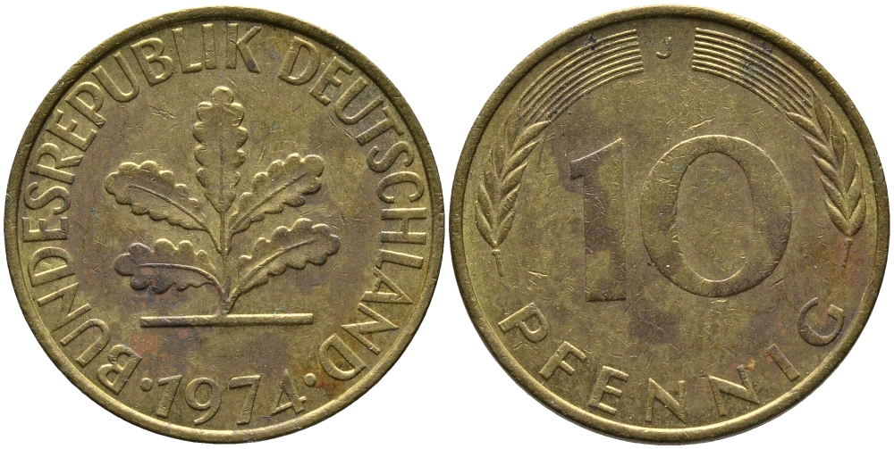 ФРГ 10 ПФЕННИГОВ 1974 J KM 108, J. 383 сталь плакированная латунью 98-455