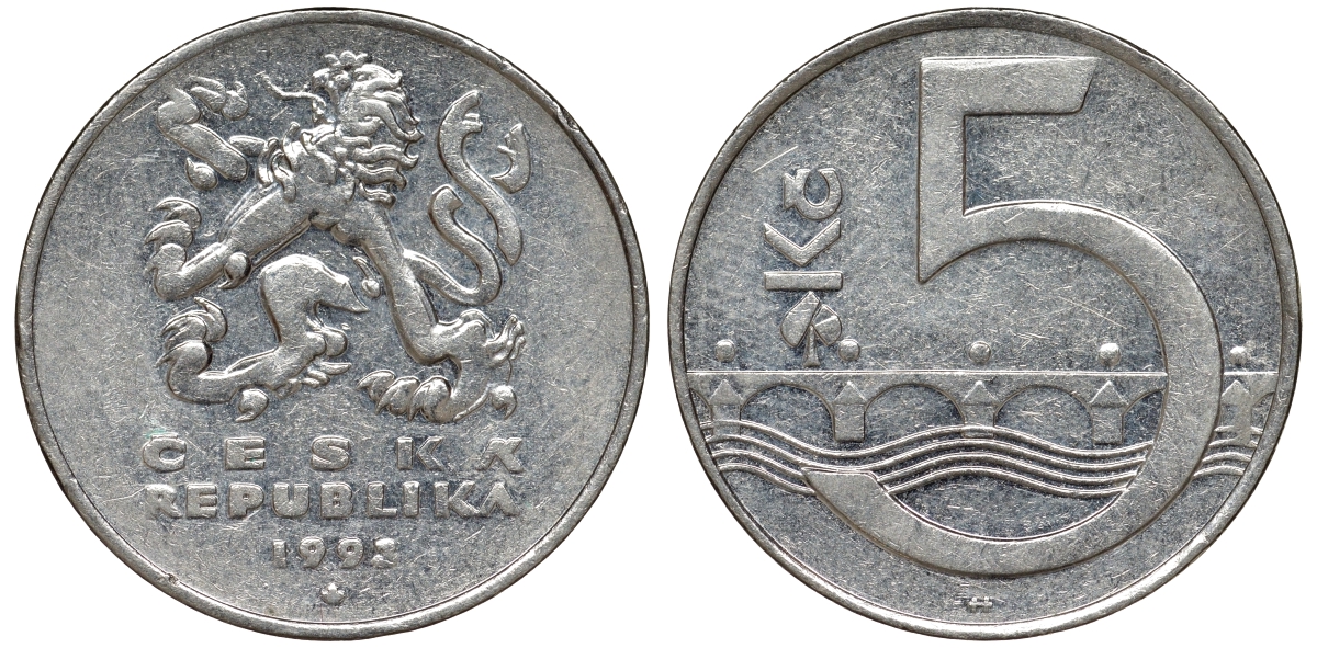 Чехия 5 крон 1993 чешский лев, Карлов мост KM 8 сталь плакированная никелем 51-917