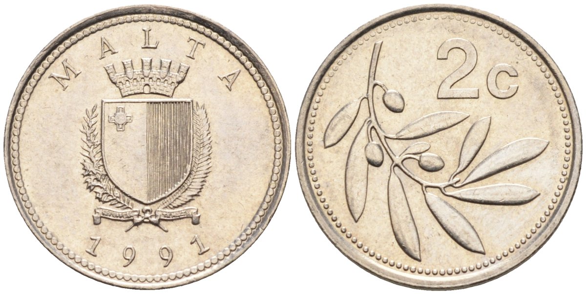 Мальта 2 цента 1991 оливковая ветвь KM 94 медно-никель 44-154