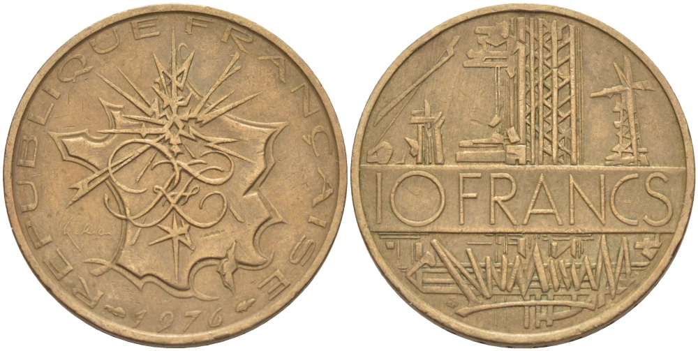Франция 10 франков 1976 тип Матье KM 940, Le Franc 365.7-8 никель латунь 4402-1137
