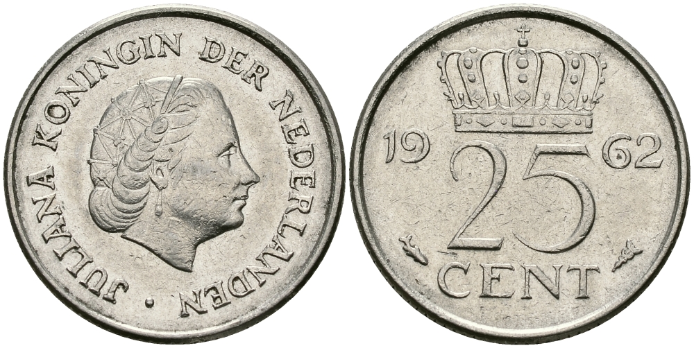 НИДЕРЛАНДЫ 25 ЦЕНТОВ 1962 ЮЛИАНА KM 183 никель 96-152
