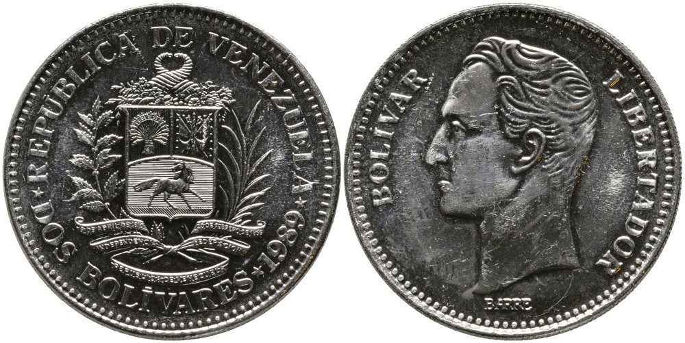 ВЕНЕСУЭЛА 2 БОЛИВАРА 1989 СИМОН БОЛИВАР, МАЛЕНЬКИЕ БУКВЫ В ЛЕГЕНДЕ KM 43а.1 никелированная сталь BUNC 4529-937