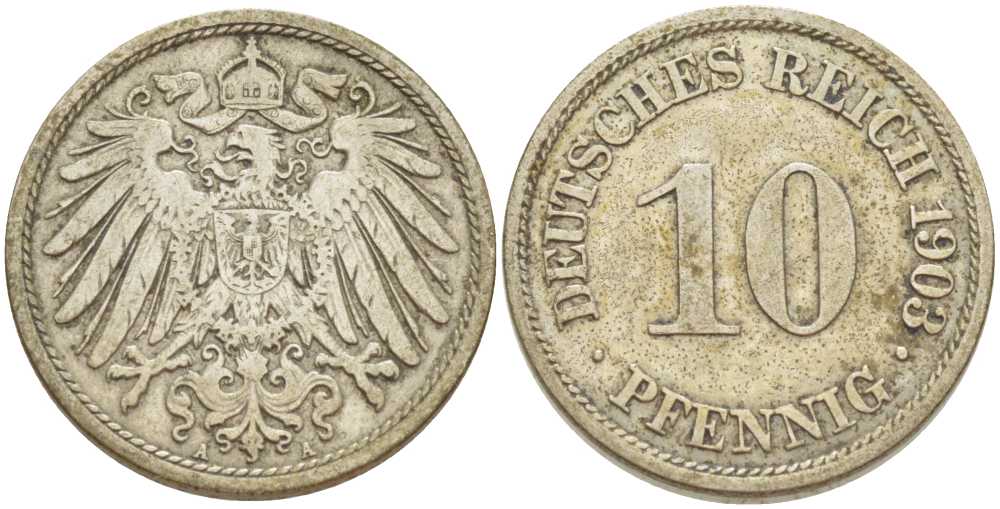 Германия 10 пфеннигов 1903 A KM 12, J. 13, Weege 8 медно-никель 259-843