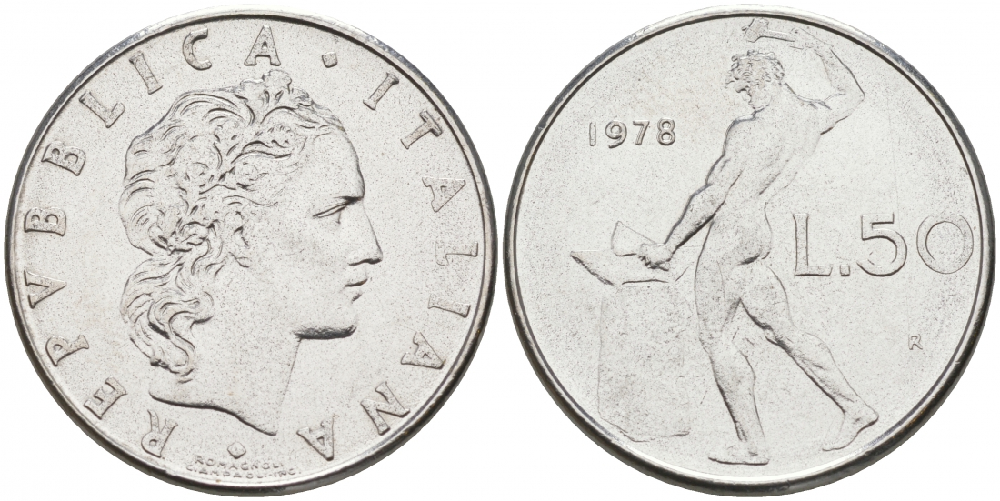 ИТАЛИЯ 50 ЛИР 1978 R, БОГ ОГНЯ ВУЛКАН У НАКОВАЛЬНИ KM 95.1 нержавеющая сталь 3996-957