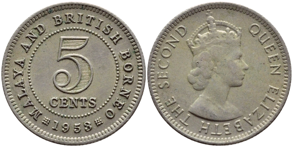 Малайя и Британское Борнео 5 центов 1953 Елизавета II (1952-2022) KM 1 медно-никель 4392-1135