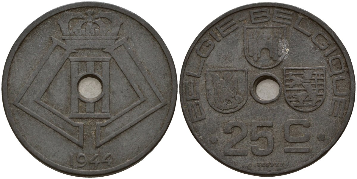 Бельгия 25 сантимов 1944 Belgie - Belgique, Леопольд III (1934-1947), германская оккупация, Вторая мировая война KM 132 цинк 4157-634