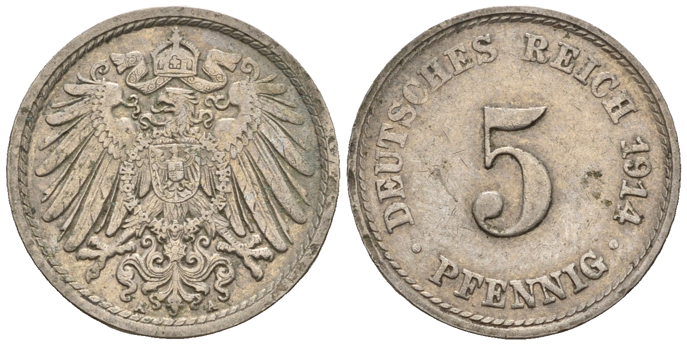 Германия 5 пфеннигов 1914 A, KM 11, J. 12 медно-никель 220-722