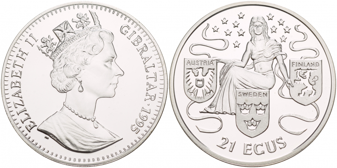 Гибралтар 21 экю 1995 АВСТРИЯ, ШВЕЦИЯ, ФИНЛЯНДИЯ KM 498 серебро PROOF 06-225-33