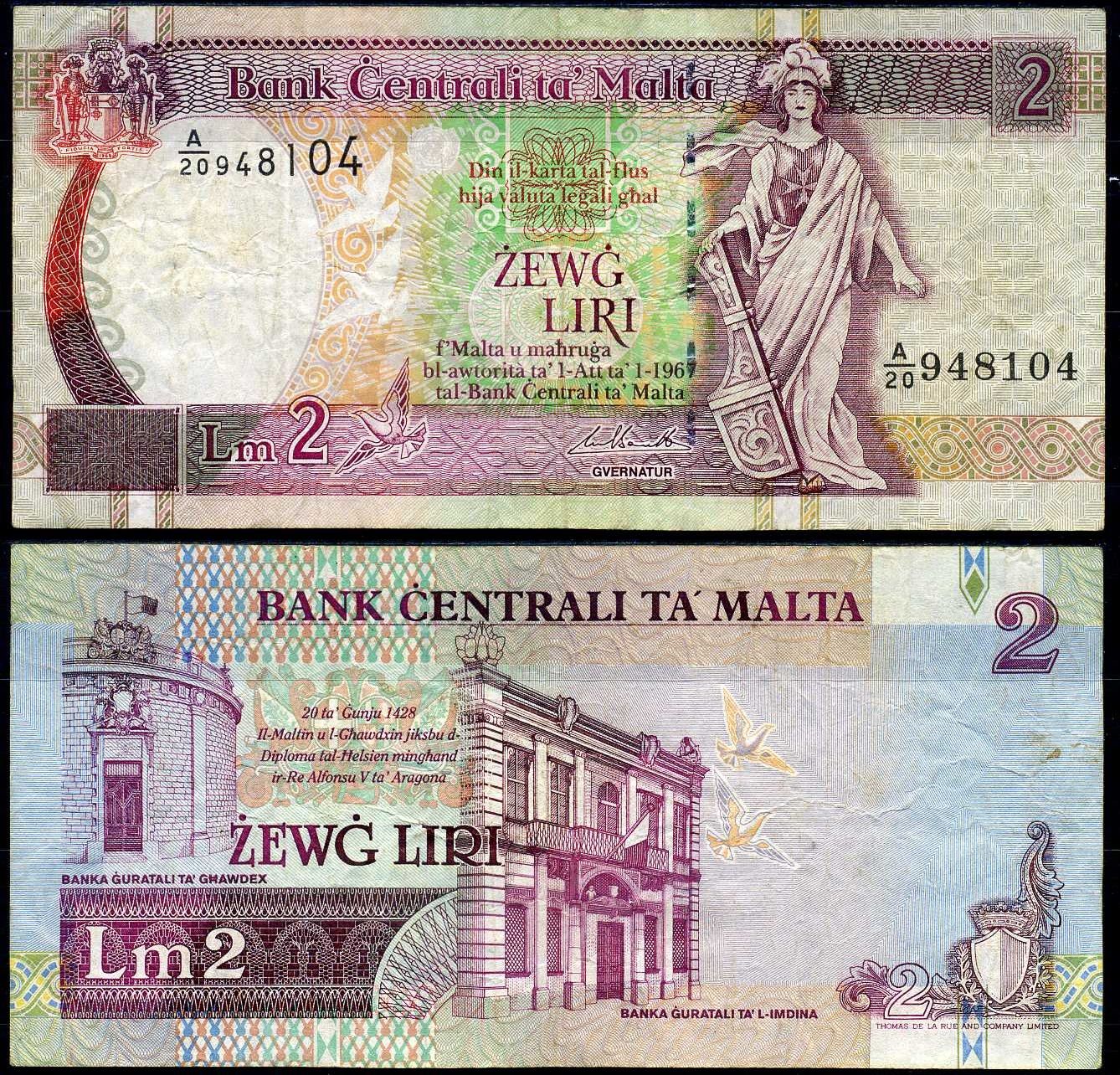 Мальта 2 лиры 1967 (1994) Pick 45 d бумага 7222-15-2-1