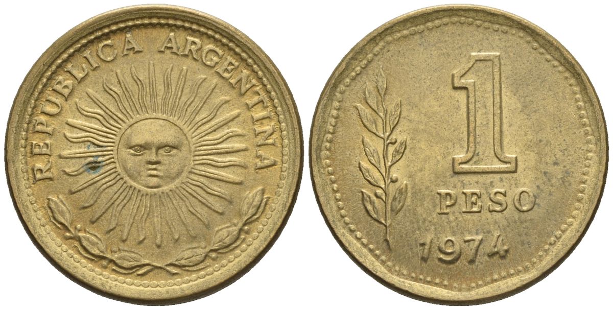 Аргентина 1 песо 1974 майское солнце KM 69, CJ 326, Schon 69 алюминиевая бронза    60-1051