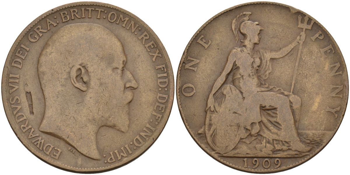 Великобритания 1 пенни 1909 Эдуард VII (1901-1910) KM 794.2, Sp 3990 бронза 4149-645