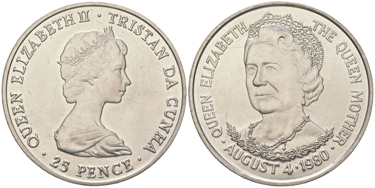 Тристан-да-Кунья 25 пенсов 1980 80 лет со дня рождения Королевы-Матери KM 3 медно-никель BU 00-1067-6-54
