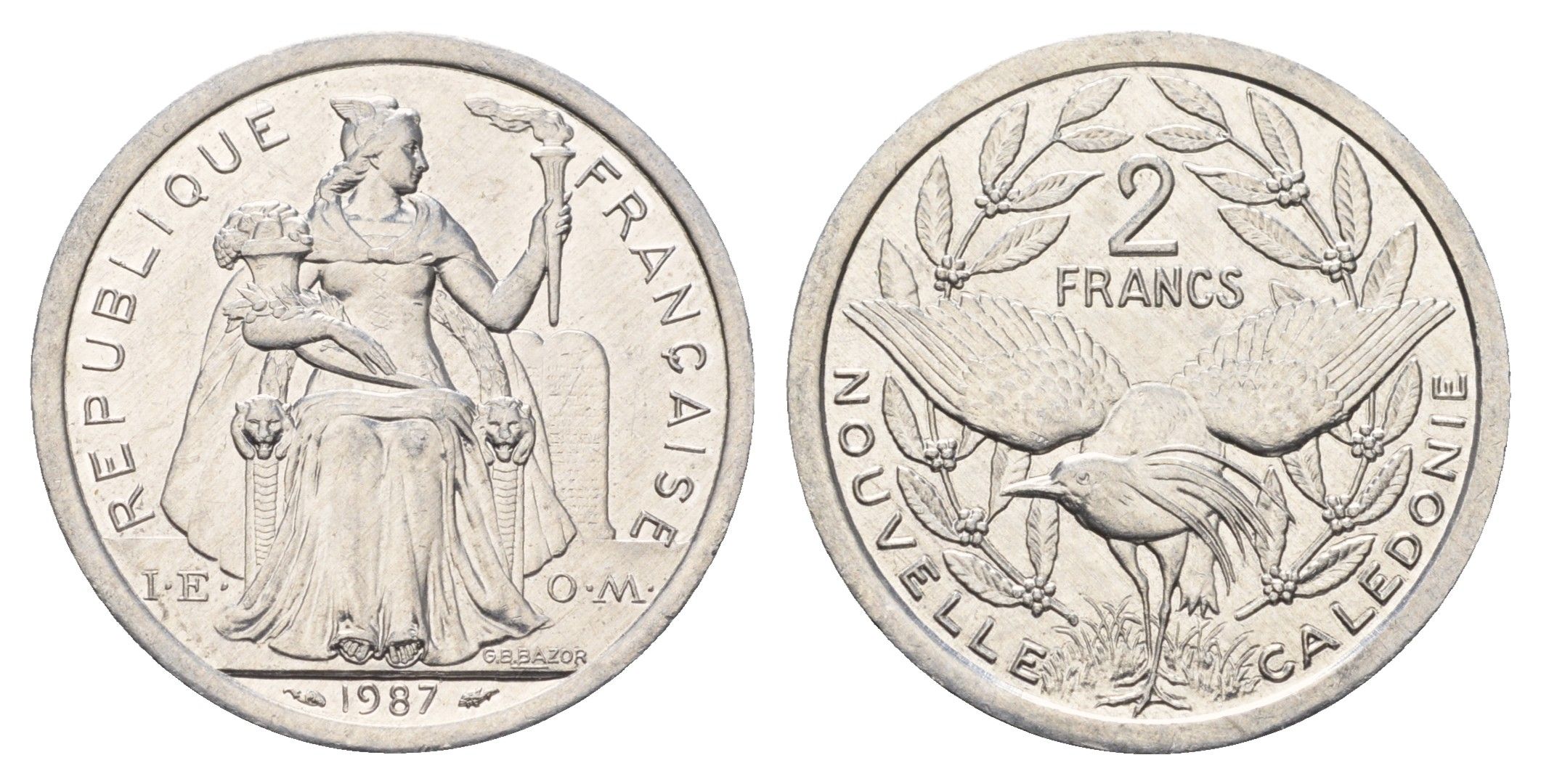 Новая Каледония 2 франка 1987 птица кагу, (IEOM) KM?14, Schoen?11, Lec?58 алюминий UNC 181-946