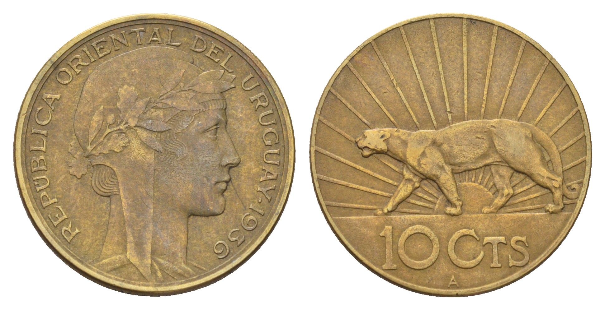 Уругвай 10 сентесимо 1936 год-тип KM 28 алюминиевая бронза 4666-1245