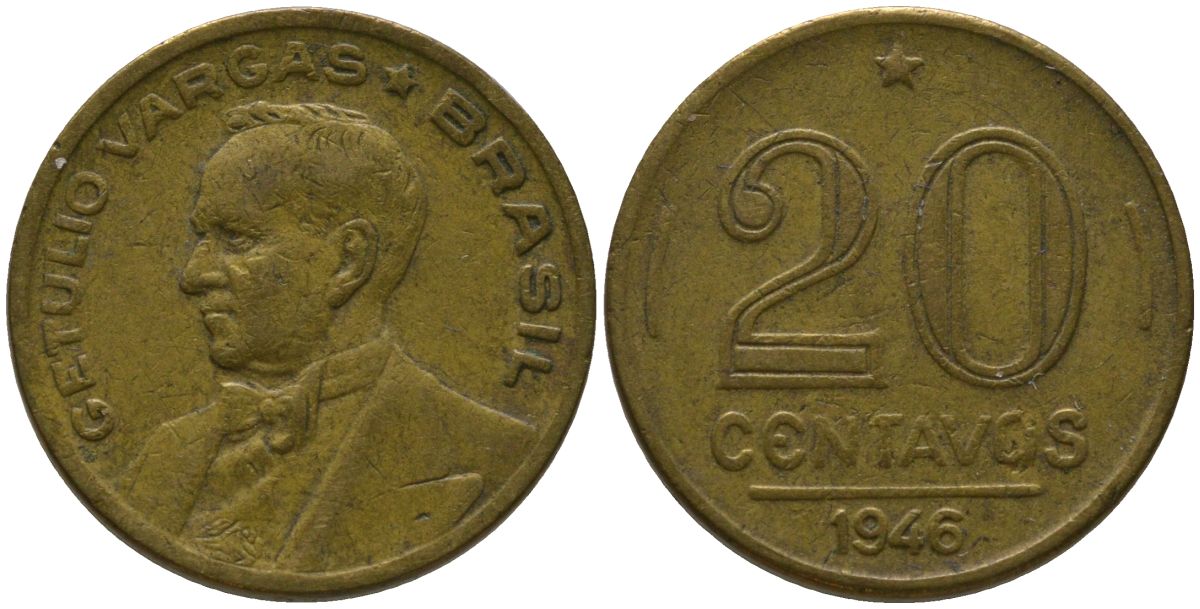 Бразилия 20 сентаво 1946 Жетулиу Варгас KM 556a алюминиевая бронза 4567-834