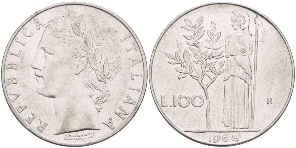 ИТАЛИЯ 100 ЛИР 1968 R, АФИНА У ОЛИВКОВОГО ДЕРЕВА KM 96.1 нержавеющая сталь 4545-641
