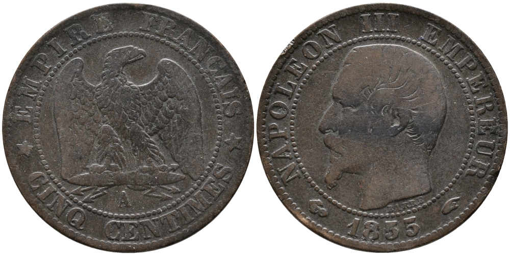 ФРАНЦИЯ 5 САНТИМОВ 1855 А, НАПОЛЕОН III (1852-1870) KM 777.1, LE FRANC 116.17 бронза 28-924