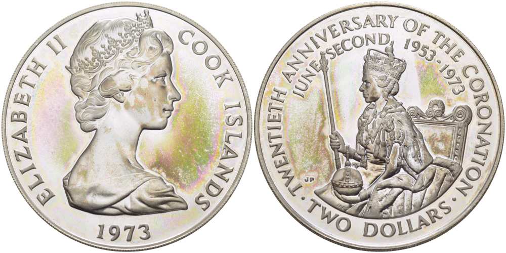 Острова Кука 2 доллара 1973 20 лет со дня коронации Елизаветы II KM 8 серебро PROOF 1085-7-14