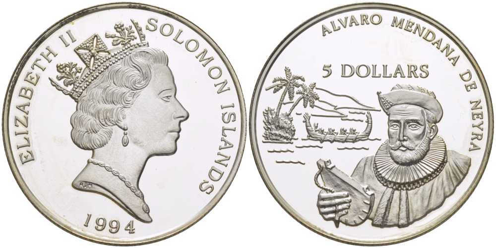 Соломоновы острова 5 долларов 1994 Альваро Менданья де Нейра (1542-1595) KM 63 серебро PROOF 00-00-00