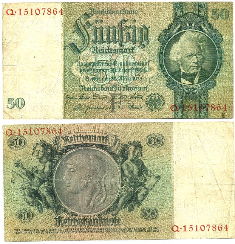 Германия 50 рейхсмарок 1933 Давид Ганземан, 8 цифр в номере, буква F Pick 182a  бумага   3295-56-1-1