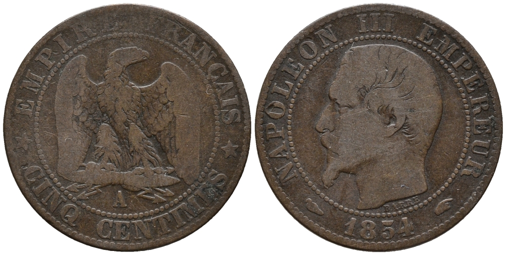 ФРАНЦИЯ 5 САНТИМОВ 1954 А, НАПОЛЕОН III KM 777.1 бронза 67-116