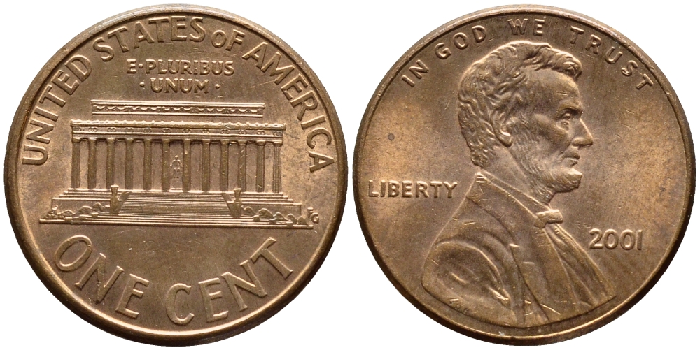 США 1 ЦЕНТ 2001 ЛИНКОЛЬН KM 201b цинк плакированный медью 4396-464