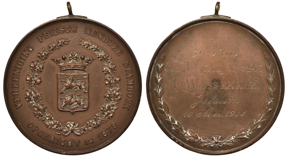 НИДЕРЛАНДЫ МЕДАЛЬ 1900 ЗА 3-Е МЕСТО, АССОЦИАЦИЯ СКОТОПРОМЫШЛЕННИКОВ, 50 мм, 45,2 гр бронза 1082-5-12