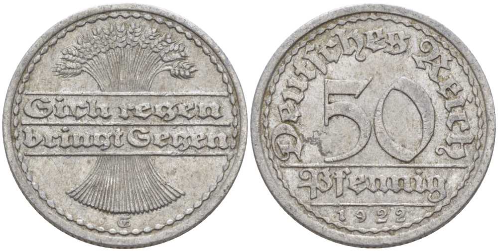 ГЕРМАНИЯ 50 ПФЕННИГОВ 1922 G KM 27, J. 301, Weege 10 алюминий 261-751