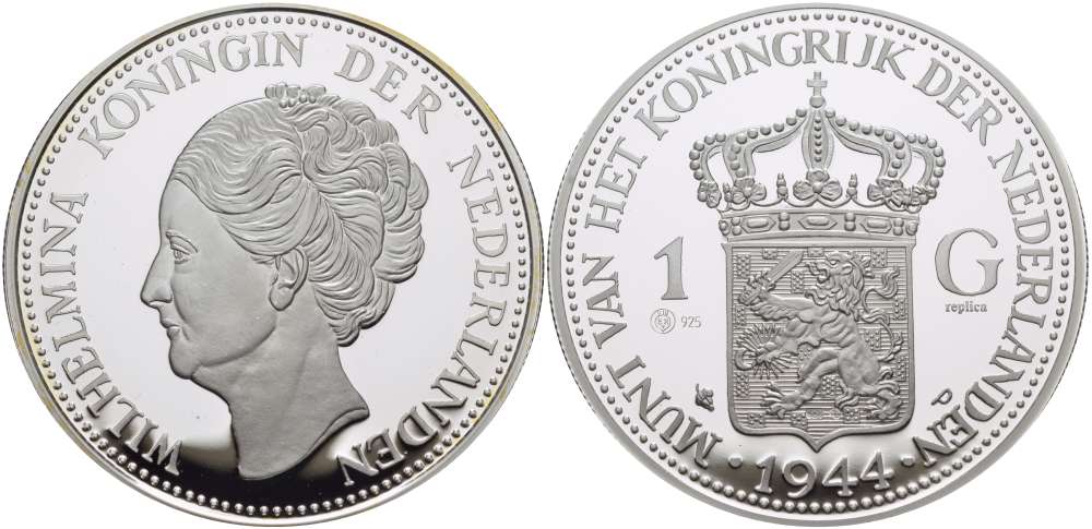НИДЕРЛАНДЫ МЕДАЛЬ ND 1 ГУЛЬДЕН 1944, ВИЛЬГЕЛЬМИНА, ДИАМЕТР 45 ММ., ВЕС 31,33 ГР. серебро PROOF 00-00