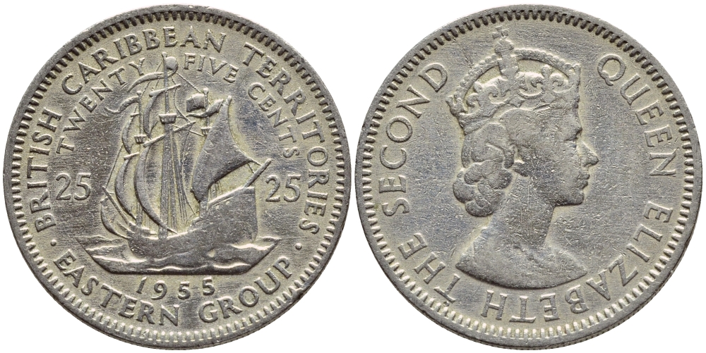Британские Восточно-Карибские территории 25 центов 1955 Елизавета II (1952-2022), парусник KM 6 медно-никель 76-747