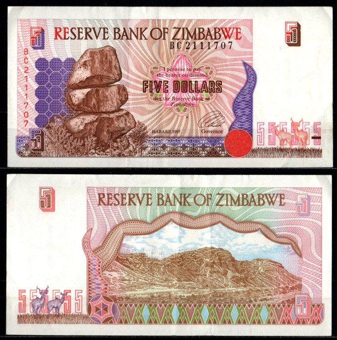 Зимбабве 5 долларов 1997 Pick 5 a 7214-64-1-2 бумага aUNC 7214-64-1-1